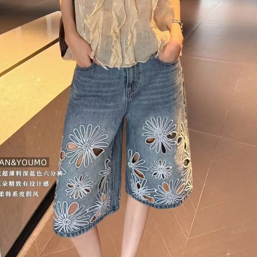 刺绣镂空小雏菊牛仔短裤女2026夏季款高腰设计感洋气阔腿裤17359