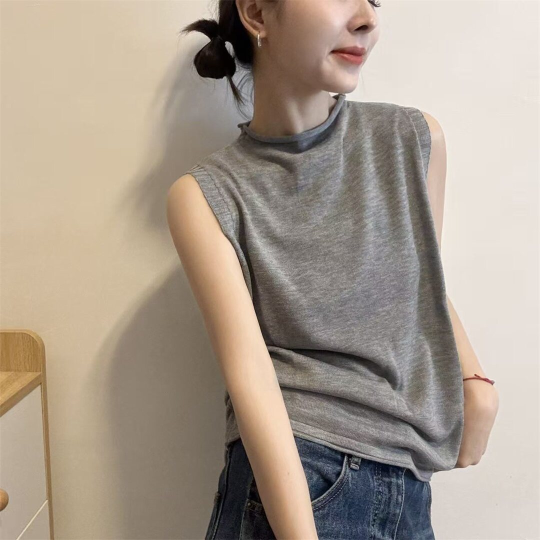 通勤卷边半高领特色无袖T恤女2026早秋新款背心舒适气质上衣88122