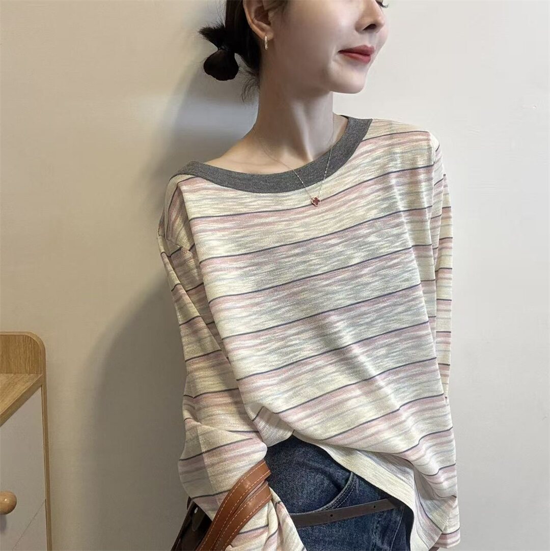慵懒风一字领条纹针织T恤女2026春夏新款套头长袖薄款冰丝空调衫