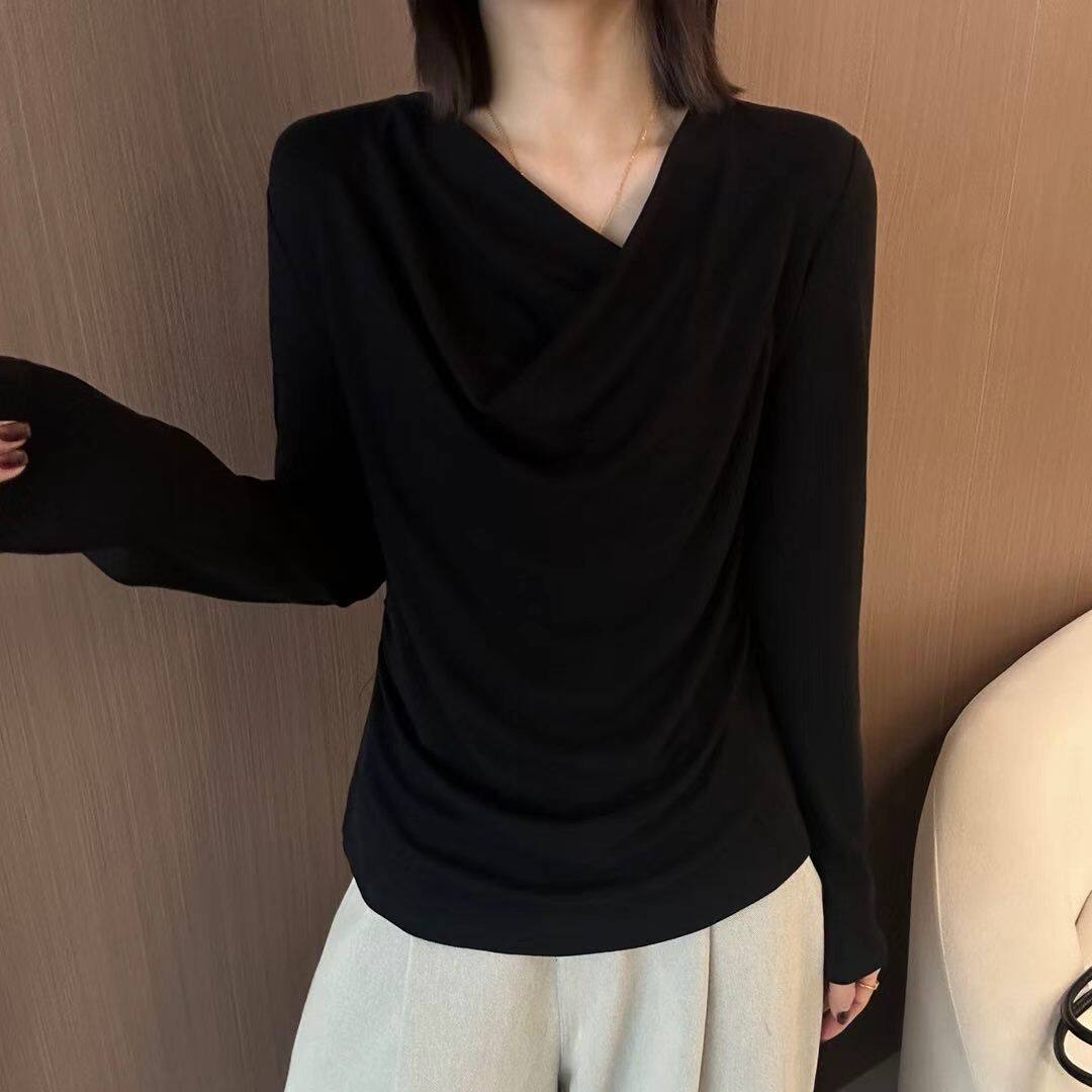 设计感荡领长袖T恤女2026早秋新款不对称褶皱显瘦打底衫上衣32865