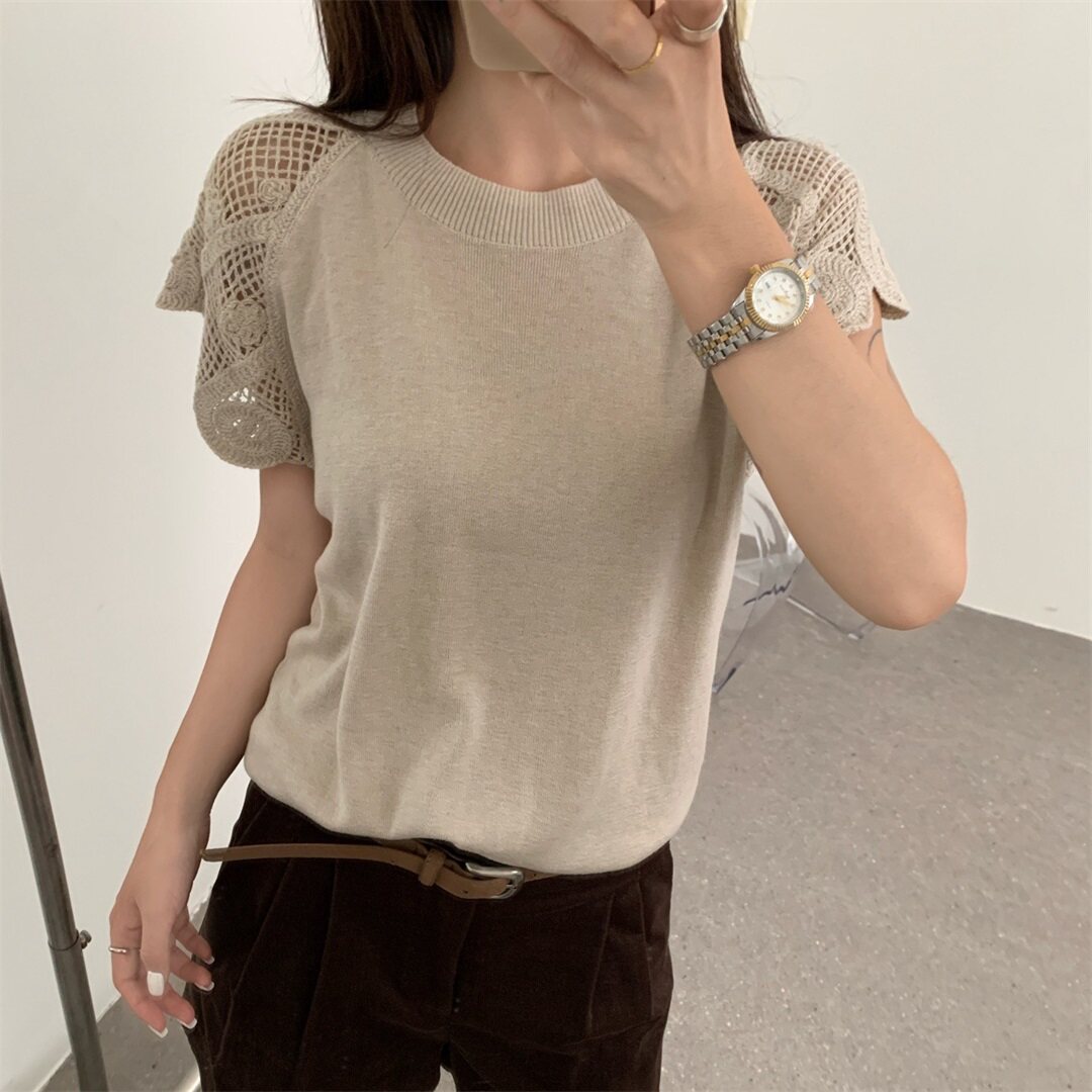 钩花镂空小飞袖针织衫女2026早秋新款圆领宽松百搭上衣xl75355
