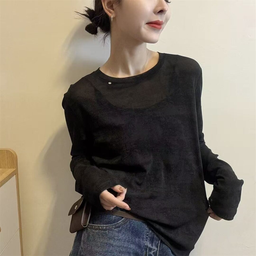 休闲风黑色圆领长袖T恤女2026春季新款宽松显瘦打底衫上衣31363