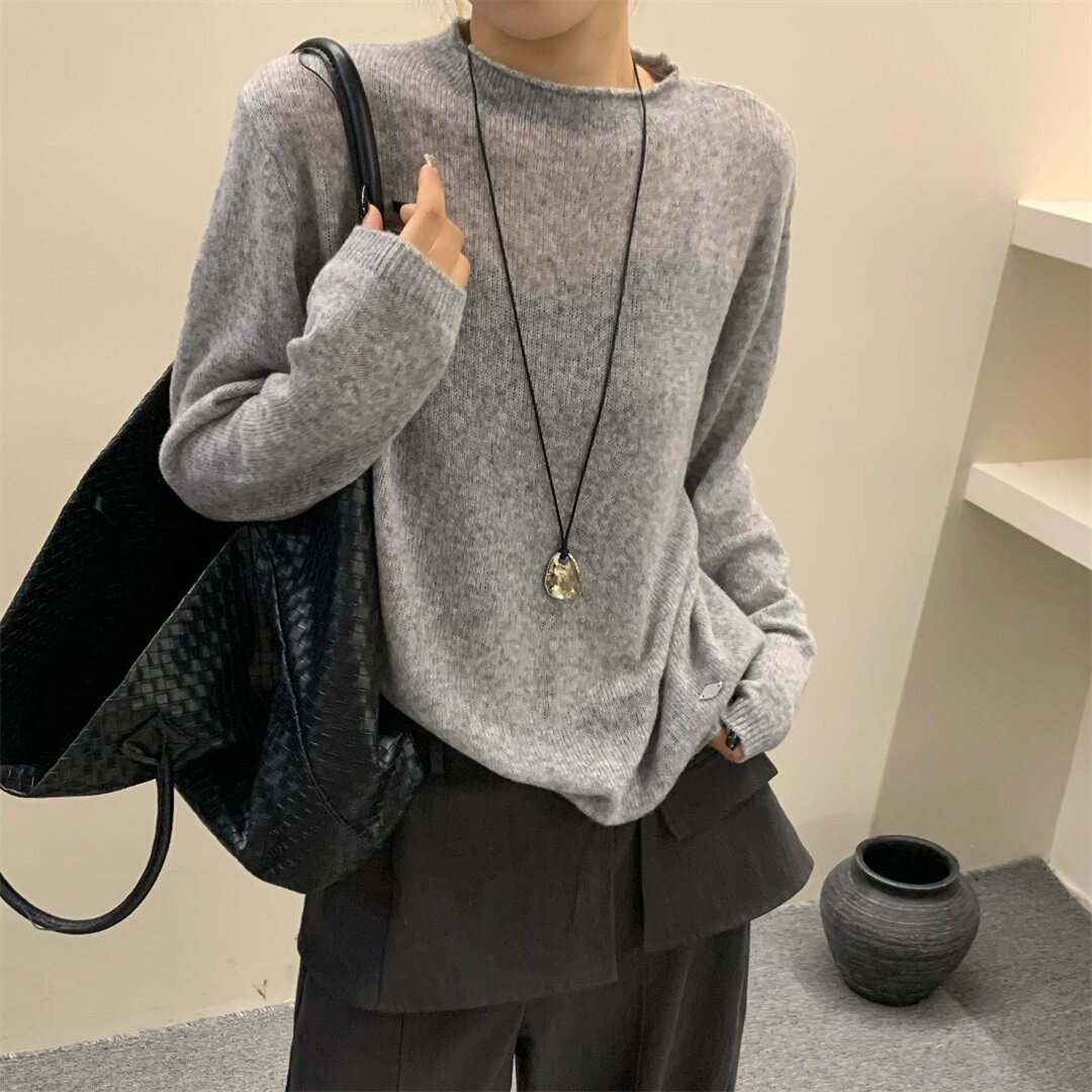 慵懒风圆领长袖针织衫女2026早秋款百搭套头软糯毛衣上衣ljl7780