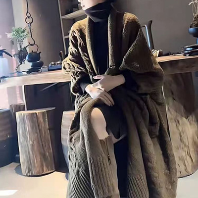 韩系慵懒风长款麻花v领针织开衫