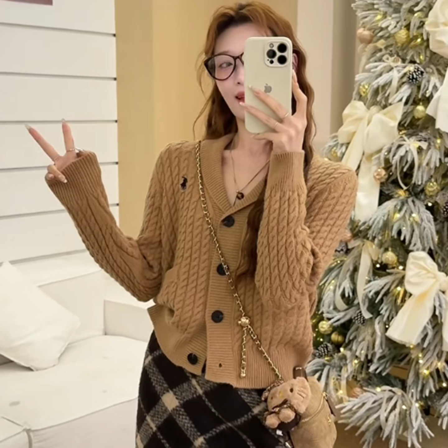 桃心领毛衣开衫新款设计感翻领麻花小马刺绣针织衫女时尚气质外套