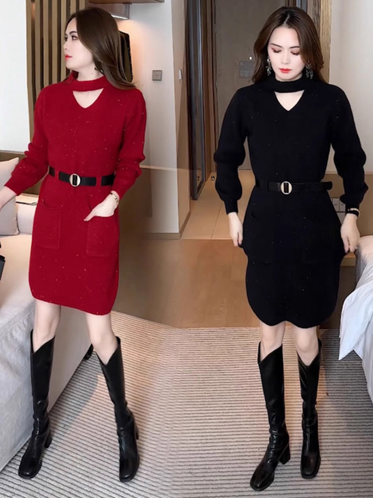 韩版直筒裙毛线纯色口袋折扣