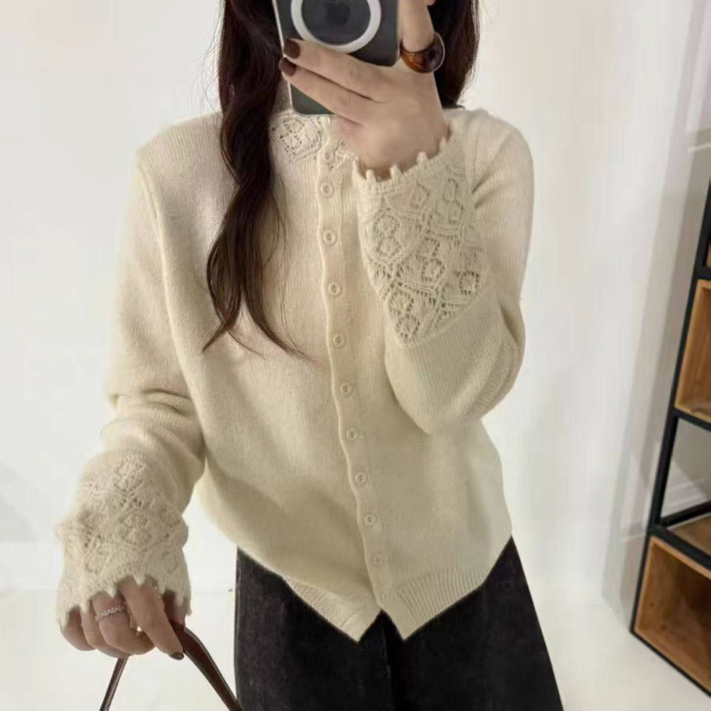 冬季maoyi设计感镂空花纹半高领针织开衫女装高级感气质百搭外套