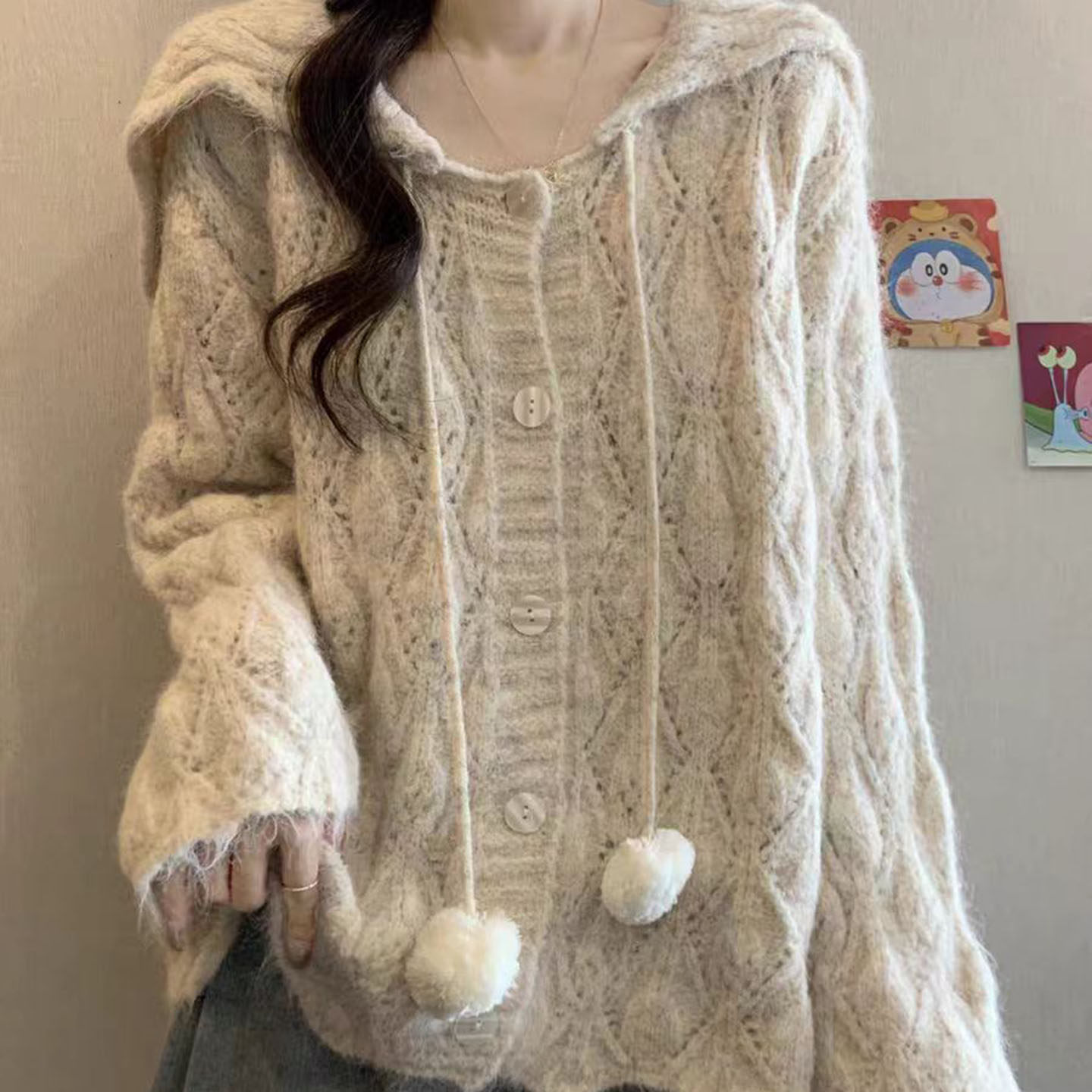 韩系温柔风连帽抽绳毛球针织开衫女早春秋冬新款慵懒时尚宽松外套,女装/女士精品,毛针织衫,淘宝优惠券,粉丝福利购,淘宝优惠卷