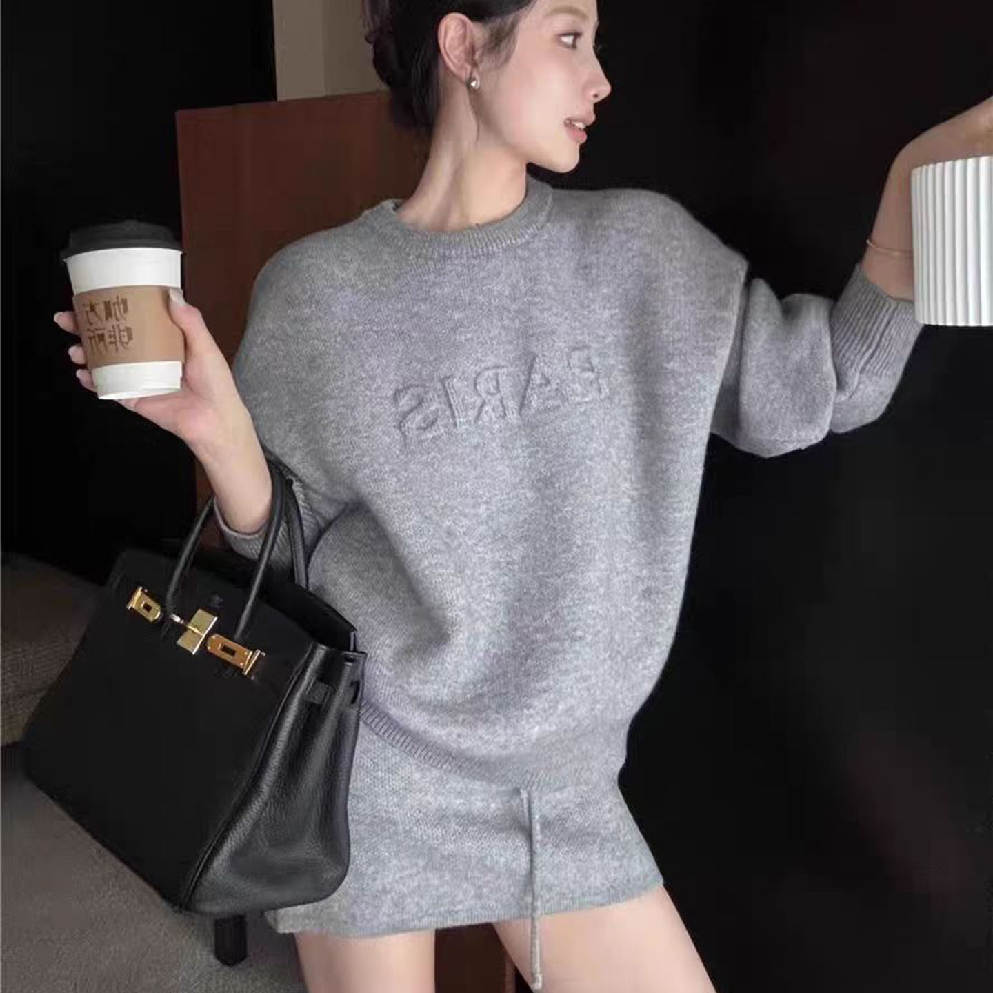 韩系时尚套装女秋冬新款字母压印毛衣+高腰包臀半身短裙裙两件套