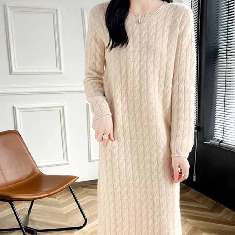 慵懒风圆领麻花毛衣裙加厚中长款连衣裙女秋冬新款内搭打底针织衫