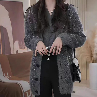 高级休闲宽松黑色亮片针织开衫