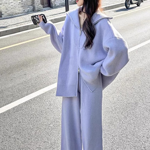 韩版小个子运动服套装女秋冬时尚简约拉链针织毛衣开衫休闲两件套
