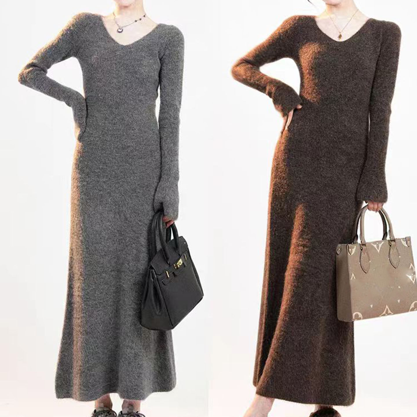 法式U领长袖打底针织连衣裙女2025年秋季新款修身内搭配大衣长裙