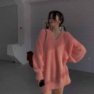 加厚冬季v领水貂绒毛衣女韩版粉色中长款甜美宽松软糯上衣打底衫