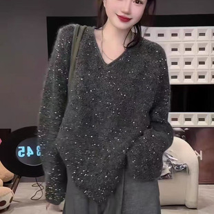 慵懒高级感v领重工亮片套头针织衫女秋冬新款时尚宽松洋气上衣潮