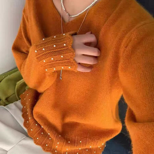 法式设计感v领钉珠针织衫女秋冬