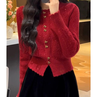 2025早春秋冬小香风毛衣开衫蝴蝶金扣内搭外穿花边外套针织衫上衣