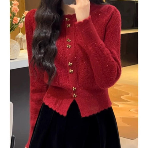 圆领甜美宽松针织布蝴蝶结开衫女