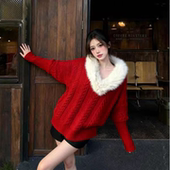 新款 慵懒风v领毛毛拼接蝙蝠袖 针织衫 冬季 氛围感时尚 宽松百搭上衣