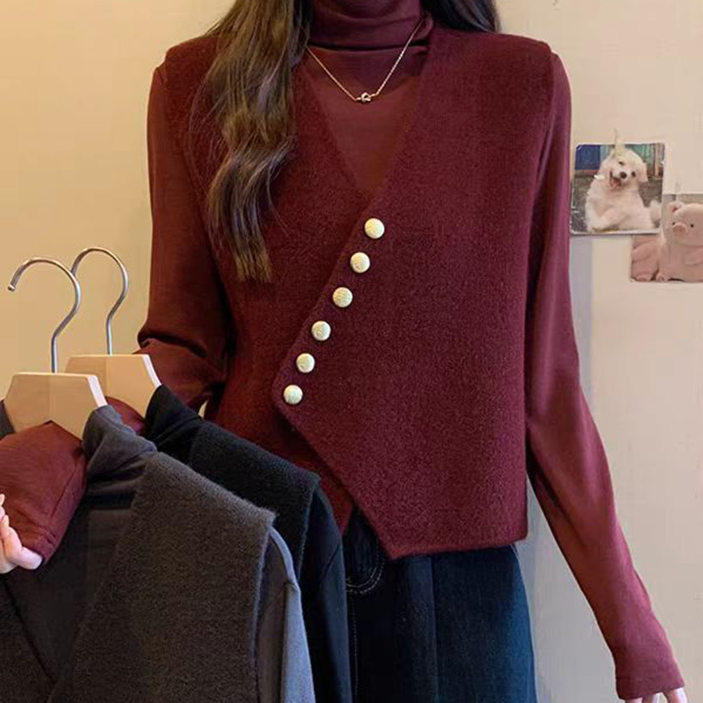 法式设计感斜扣v领针织马甲女