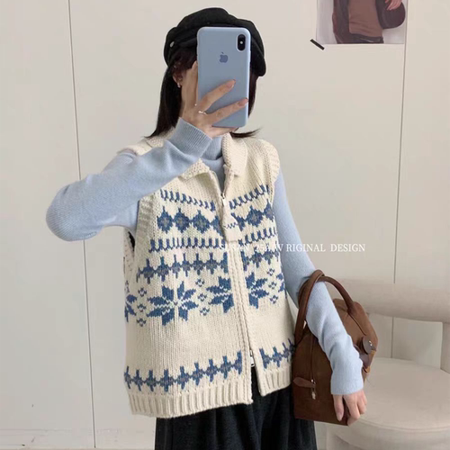 慵懒风费尔岛提花翻领拉链马甲女