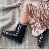 冬季 保暖爱斯基摩MOU羊皮毛一体雪地靴女雪地棉24cm经典 黑编花