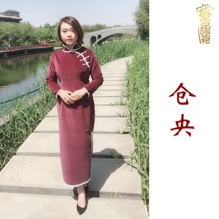 暮雪旗袍宋美龄同款仓央纯棉植绒蕾丝花边民国复古前开襟长款长袖