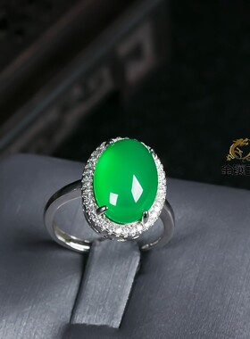 开口可调节镀银帝王绿玛瑙戒指