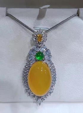 天然冰种粉玉髓蛋面吊坠女镶嵌黄色玛瑙玉石蛋面项链新中式挂件