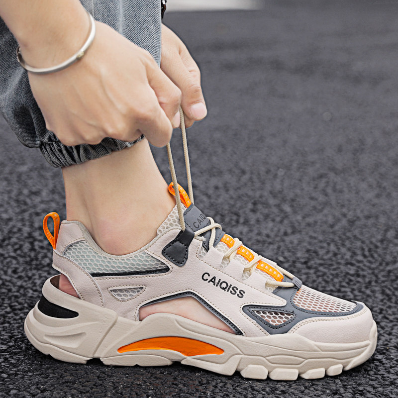 凉鞋男夏季外穿防滑沙滩镂空青少年运动包头厚底增高潮流透气男鞋