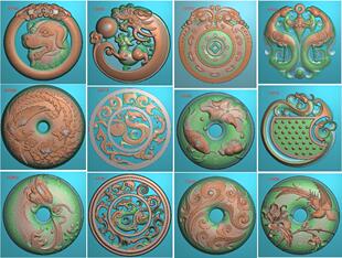 动物工艺品精雕图圆形平安扣镂空龙鱼鸳鸯一帆风顺摆件浮雕图