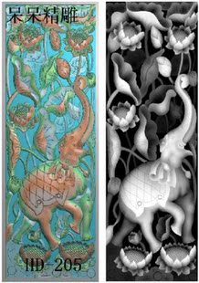 竖版荷花大象精雕图隔断屏风背板门板靠背木雕浮雕图灰度图