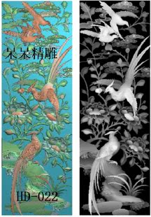 竖版凤凰木雕花鸟精雕图隔断屏风背板门板靠背木雕浮雕图灰度图