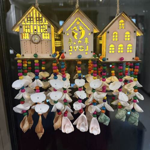 包邮天然贝壳海螺风铃木屋挂件