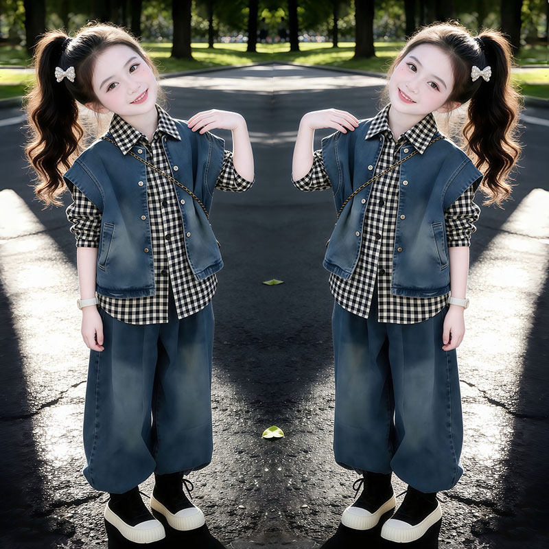 女童套装2026新款儿童洋气格子衬衫中大童休闲牛仔马甲裤子三件套