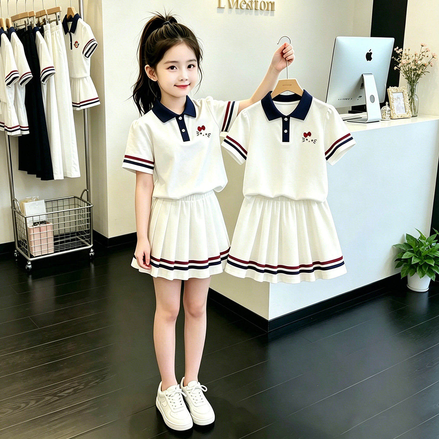 女童夏季学院风短袖百褶裙两件套