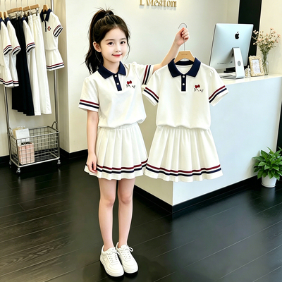 女童夏季学院风短袖百褶裙两件套