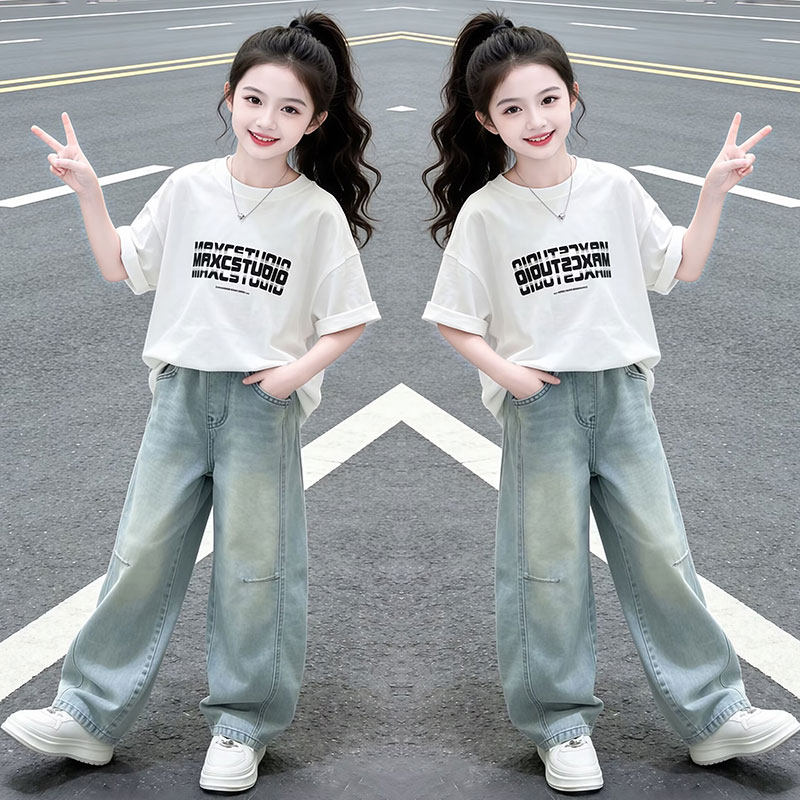 女童套装夏装2026新款儿童洋气百搭短袖中大童韩版牛仔裤两件套潮