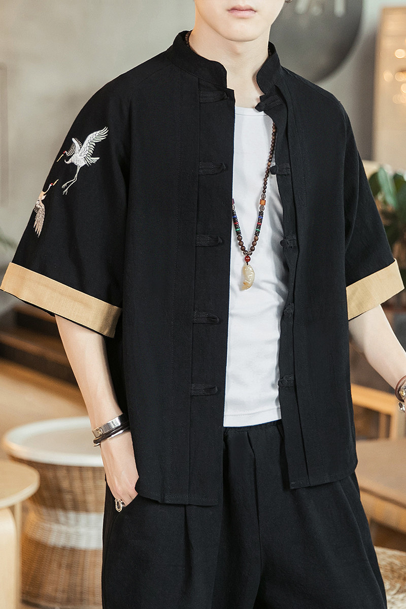 咖啡厅风男士短袖衬衫仙鹤刺绣衬衣黑色A032/DS003/50控68,男装衬衫,电商A032