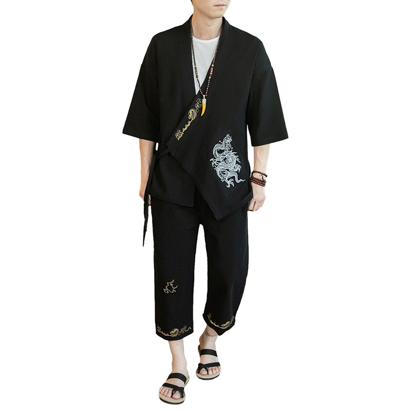 风夏装开衫棉麻亚麻刺绣套装男两件套大码黑色A032/T1196/100,男装衬衫,电商A032
