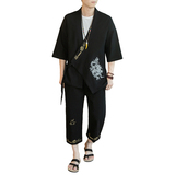 风夏装开衫棉麻亚麻刺绣套装男两件套大码黑色A032/T1196/100，男装衬衫，电商A032