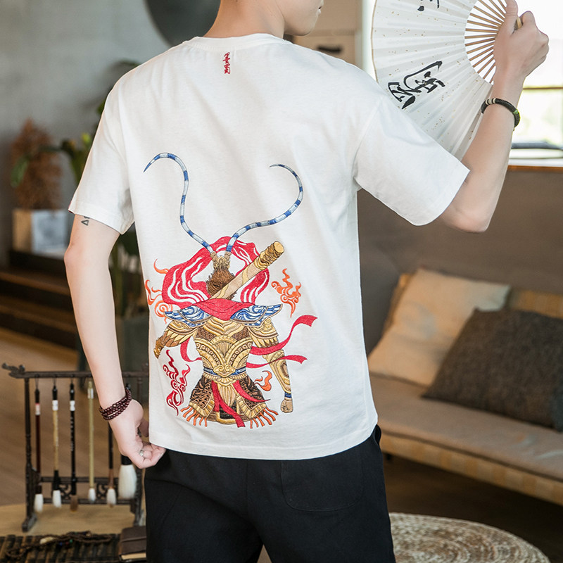 咖啡厅 风重工大圣刺绣情侣短袖T恤白色版权A032/T101/65图片