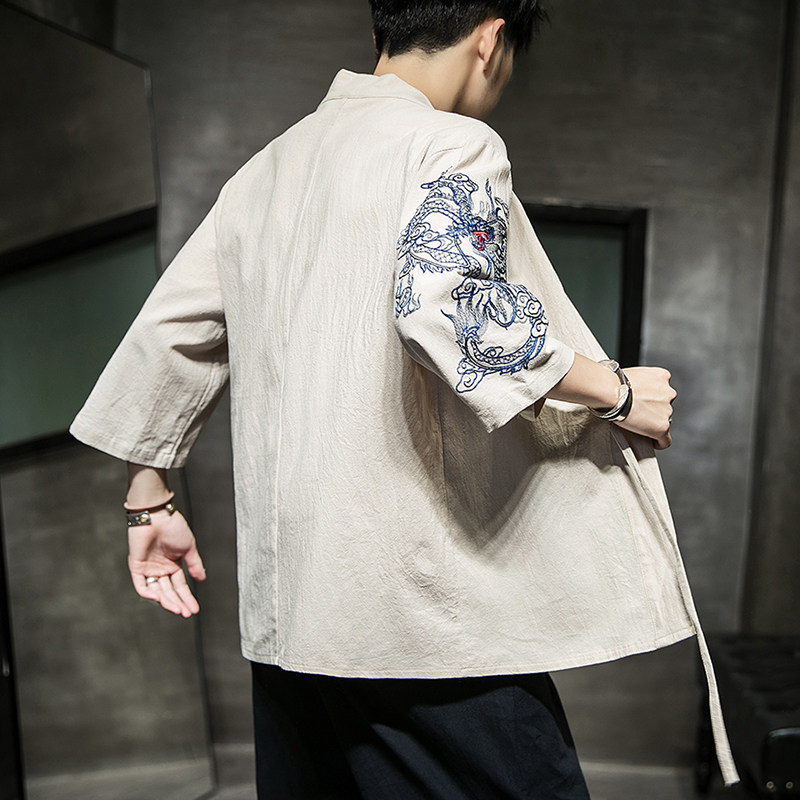 W基地风夏装男士汉服龙刺绣开衫黑色A032/KS002/50控68,男装衬衫,电商A032