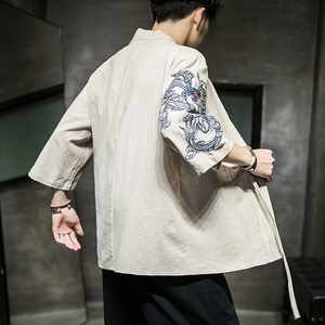 W基地 风夏装男士汉服龙刺绣开衫黑色A032/KS002/50控68图片