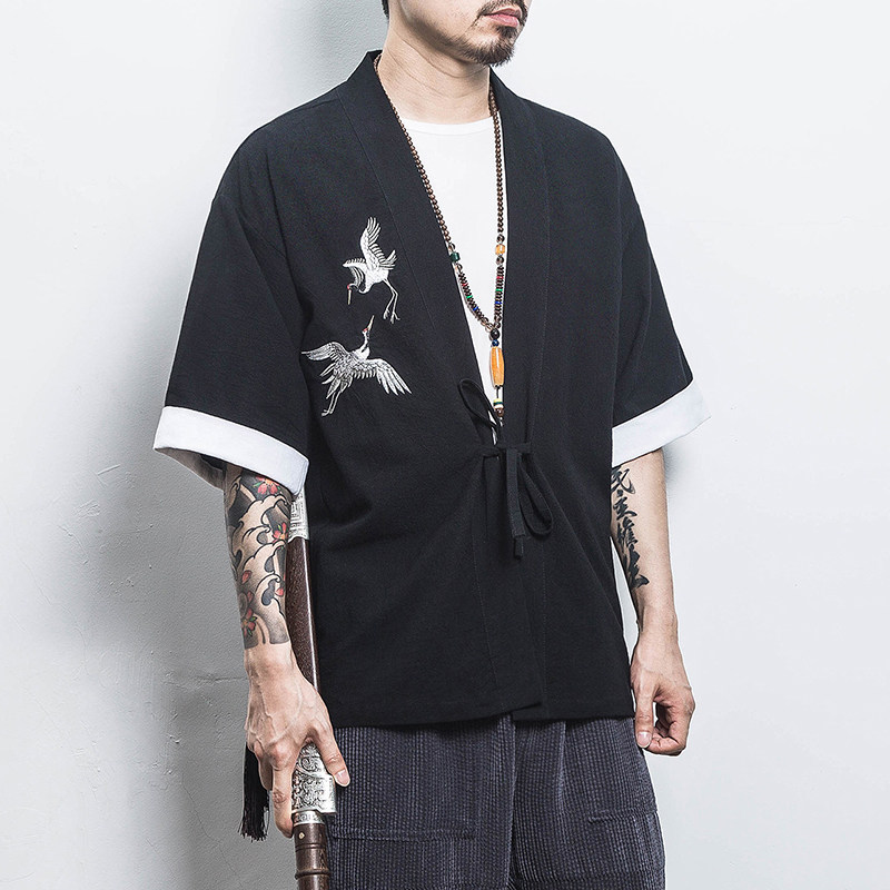 白墙风夏装男士汉服仙鹤刺绣开衫黑色A032/KS003/50控68,男装衬衫,电商A032