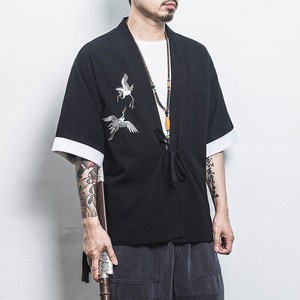 白墙 风夏装男士汉服仙鹤刺绣开衫黑色A032/KS003/50控68图片