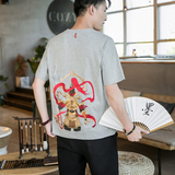 咖啡厅风重工杨戬刺绣情侣短袖T恤灰色版权A032/T102/65，男装T恤，电商A032