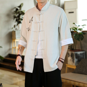 2022男士撞色扣子七分短袖衬衫胸前鹤刺绣红 A032/C63/55控68图片