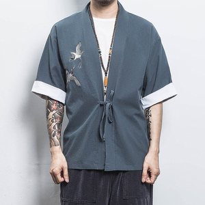 白墙 风夏装男士汉服仙鹤刺绣开衫湖蓝色 A032/KS003/50控68图片