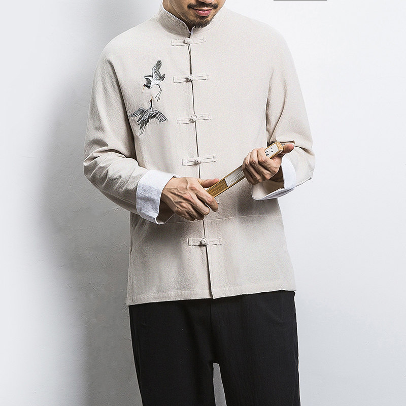 白墙风春装男士胸前鹤刺绣长袖衬衫麻本色A032/C22/55控68,男装衬衫,电商A032